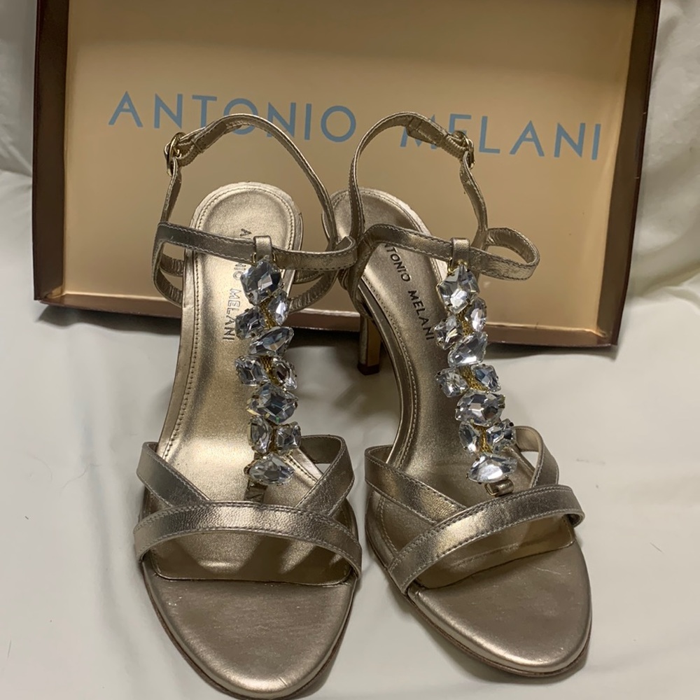 Gold strappy sandals, leather upper, ankle strap, jeweled 3 1/2” heel